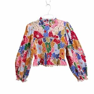 Farm Rio Sunny Daisies Smocked Peplum Crop Top S Multicolor Boho Lace Festival